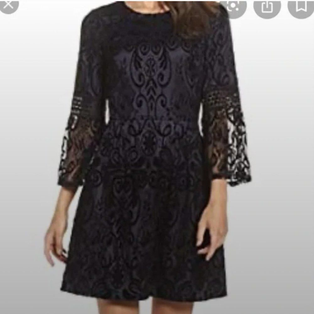 Eliza J Black Blue Burnout Velvet‎ Lace Bell Sleeve Fit and Flare Dress Size 4